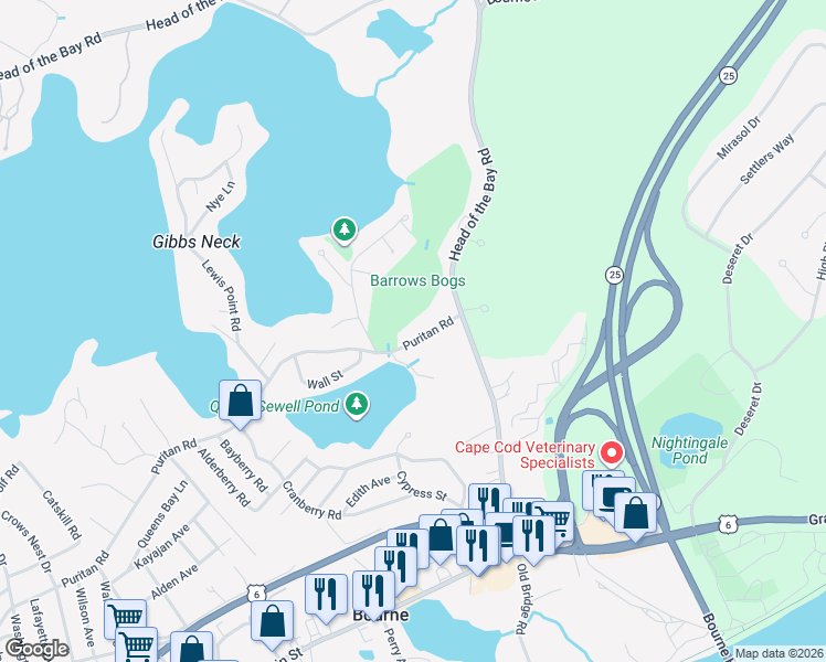map of restaurants, bars, coffee shops, grocery stores, and more near 171 Puritan Road in Bourne