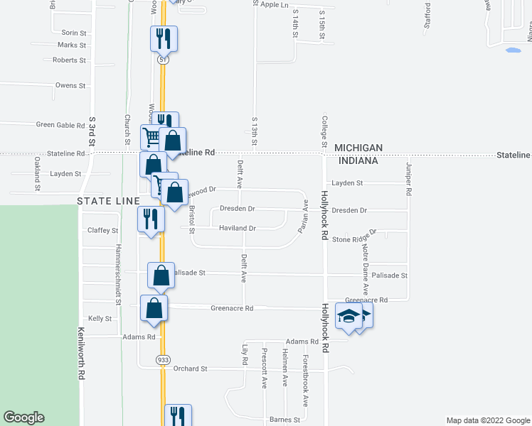 map of restaurants, bars, coffee shops, grocery stores, and more near 19280 Dresden Drive in South Bend