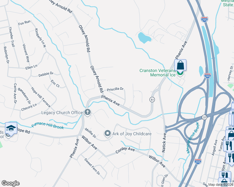 map of restaurants, bars, coffee shops, grocery stores, and more near 73 Priscilla Drive in Cranston