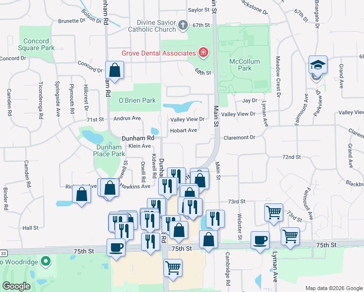 map of restaurants, bars, coffee shops, grocery stores, and more near 1141 Hobart Avenue in Downers Grove