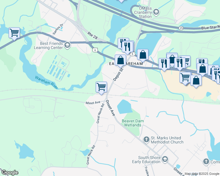 map of restaurants, bars, coffee shops, grocery stores, and more near 2 Knowles Avenue in Wareham