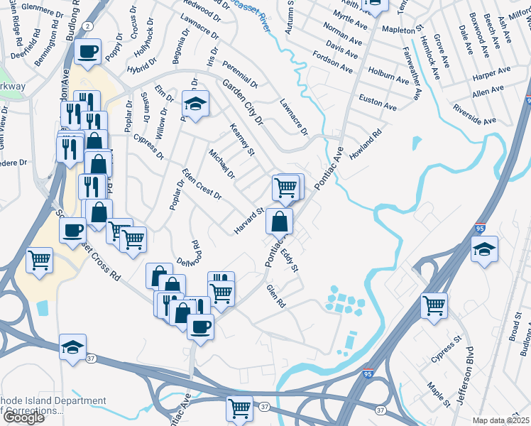 map of restaurants, bars, coffee shops, grocery stores, and more near 100 Michael Drive in Cranston