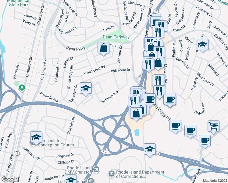 map of restaurants, bars, coffee shops, grocery stores, and more near 39 Sachem Drive in Cranston