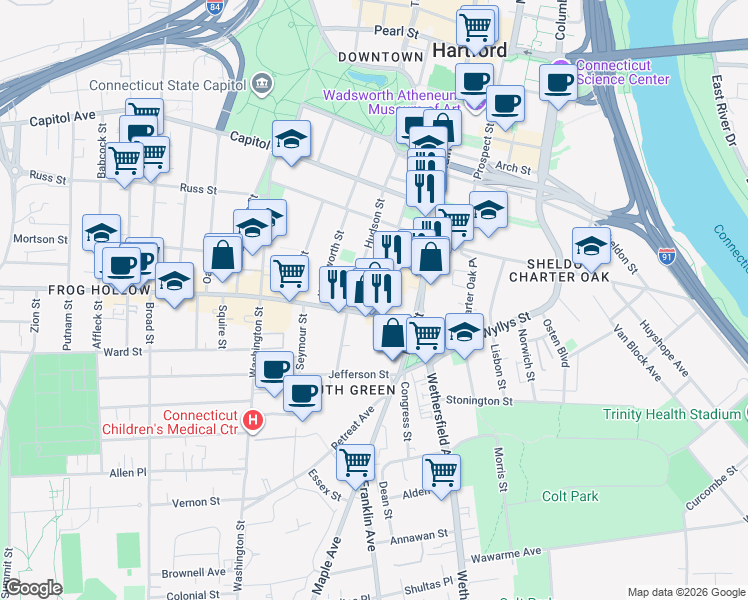 map of restaurants, bars, coffee shops, grocery stores, and more near 354 Hudson Street in Hartford