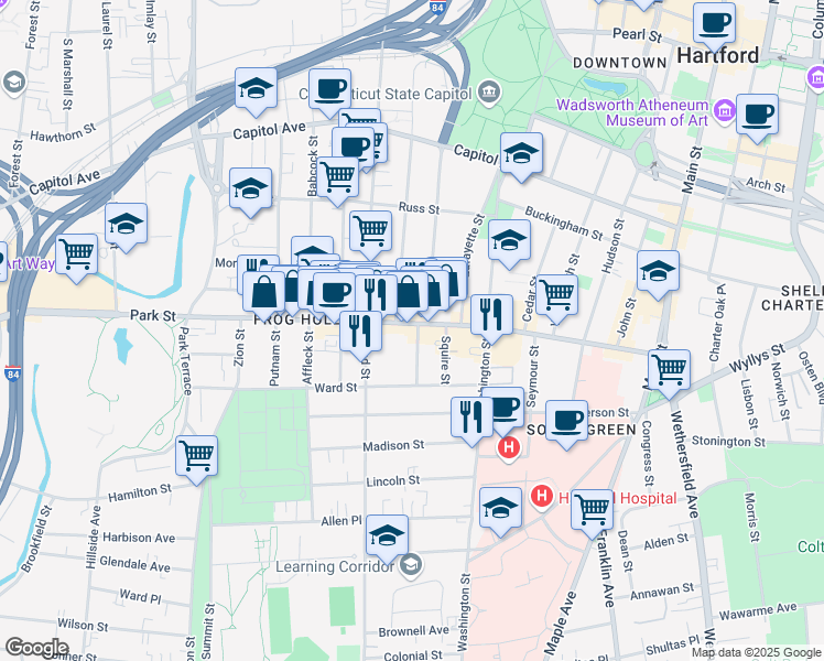 map of restaurants, bars, coffee shops, grocery stores, and more near 180 Hungerford Street in Hartford