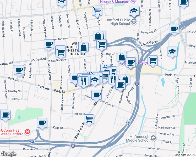 map of restaurants, bars, coffee shops, grocery stores, and more near 35 Sisson Avenue in Hartford