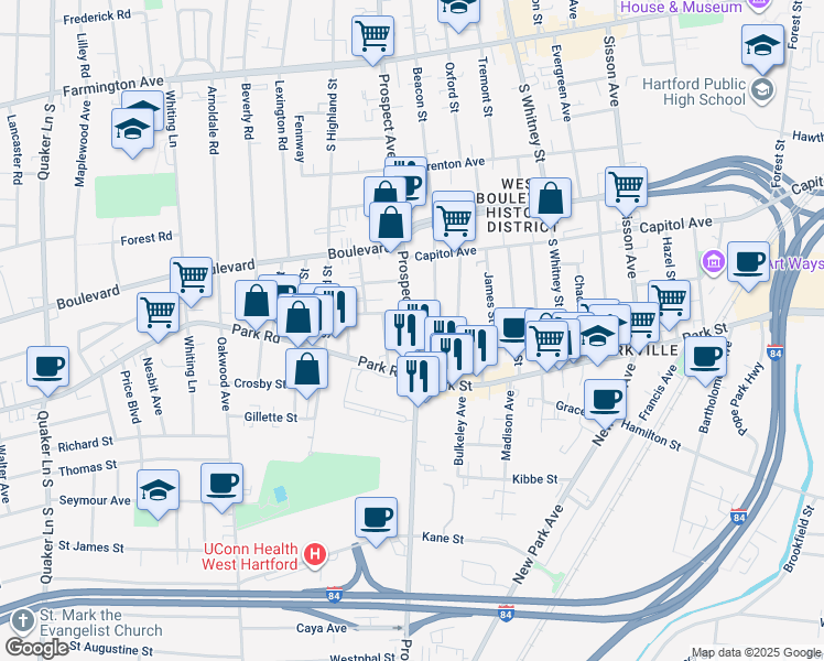 map of restaurants, bars, coffee shops, grocery stores, and more near 395 Prospect Avenue in Hartford