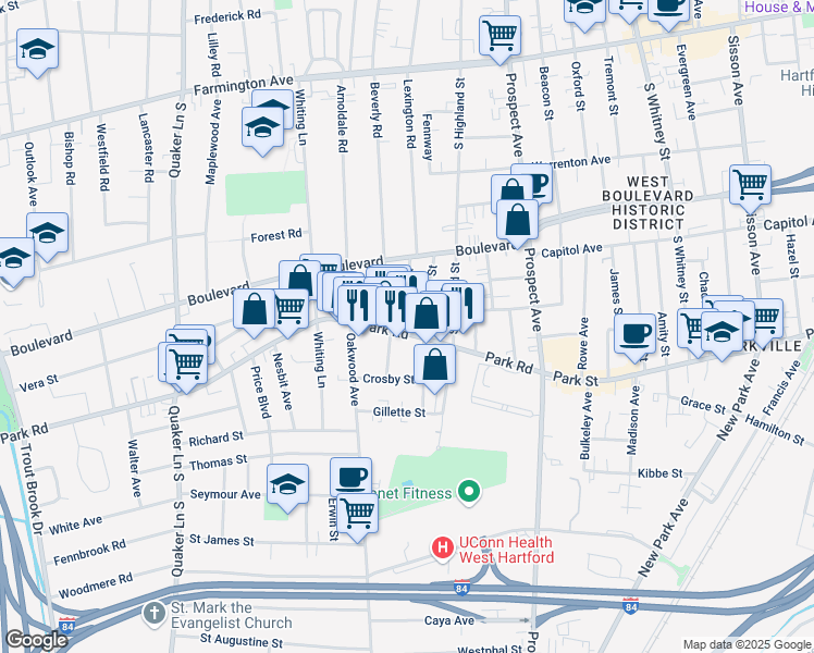 map of restaurants, bars, coffee shops, grocery stores, and more near 24 Troy Street in West Hartford