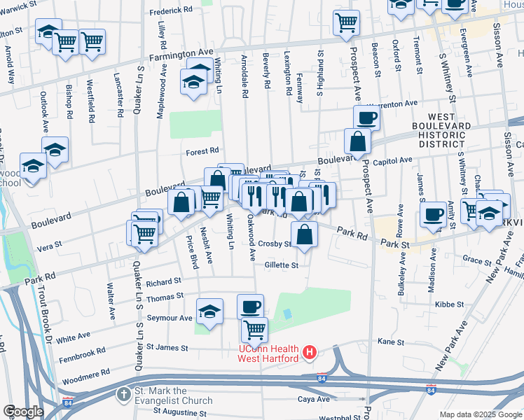 map of restaurants, bars, coffee shops, grocery stores, and more near 117 Beverly Road in West Hartford