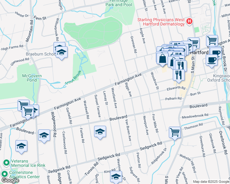 map of restaurants, bars, coffee shops, grocery stores, and more near 1087 Farmington Avenue in West Hartford