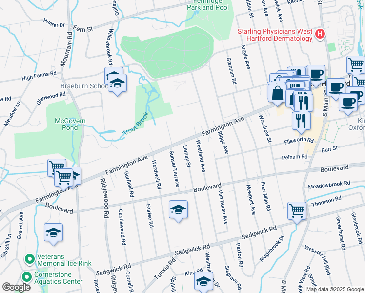 map of restaurants, bars, coffee shops, grocery stores, and more near 1102 Farmington Avenue in West Hartford