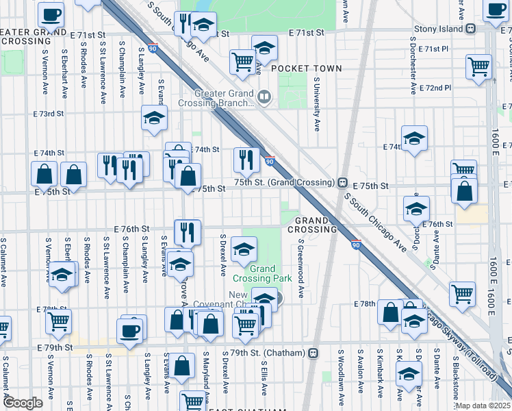 map of restaurants, bars, coffee shops, grocery stores, and more near 931 East 75th Street in Chicago