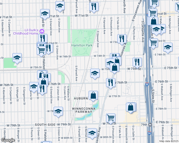 map of restaurants, bars, coffee shops, grocery stores, and more near 7446 South Eggleston Avenue in Chicago