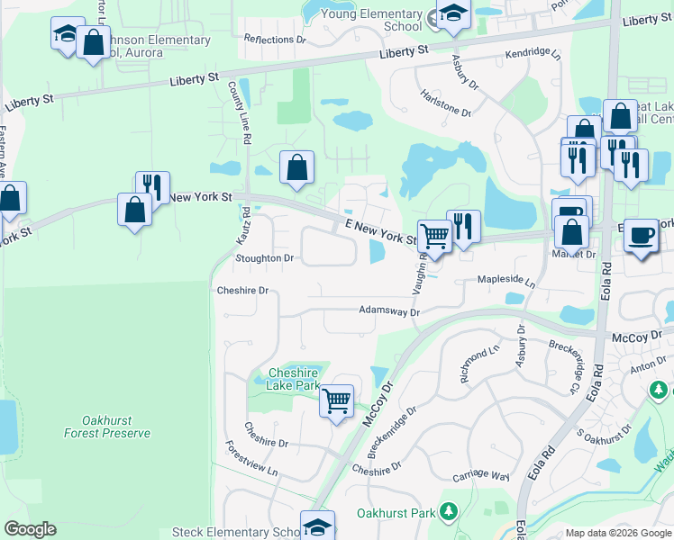 map of restaurants, bars, coffee shops, grocery stores, and more near 2462 Stoughton Circle in Aurora