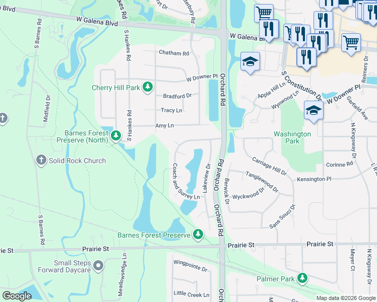 map of restaurants, bars, coffee shops, grocery stores, and more near 2485 Coach and Surrey Lane in Aurora