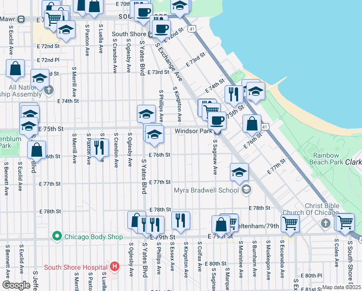 map of restaurants, bars, coffee shops, grocery stores, and more near 7515 South Kingston Avenue in Chicago