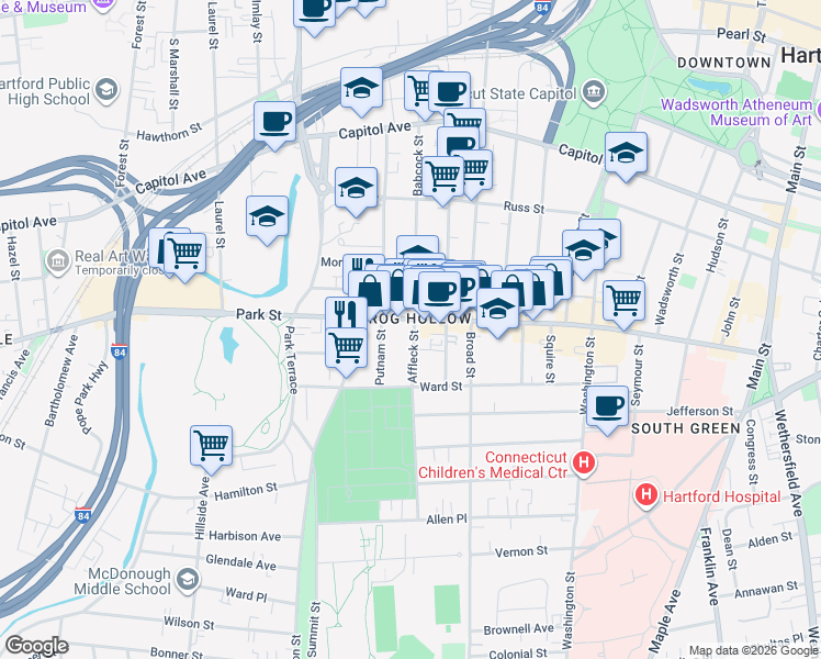 map of restaurants, bars, coffee shops, grocery stores, and more near in Hartford