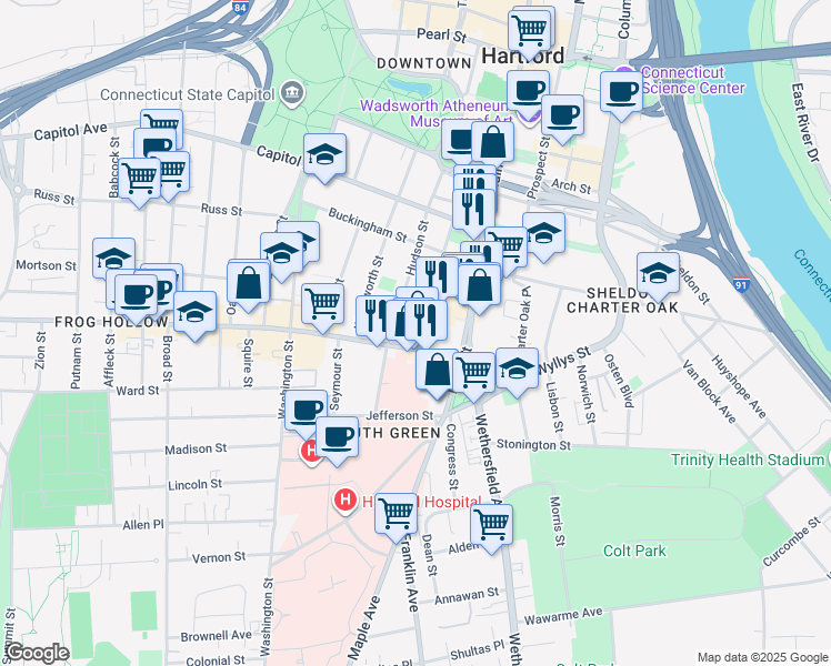 map of restaurants, bars, coffee shops, grocery stores, and more near 354 Hudson Street in Hartford