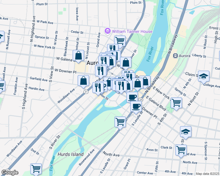 map of restaurants, bars, coffee shops, grocery stores, and more near 119 West Downer Place in Aurora