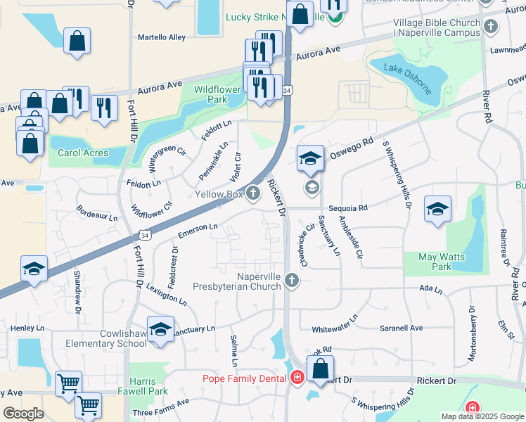 map of restaurants, bars, coffee shops, grocery stores, and more near 800 Corday Drive in Naperville