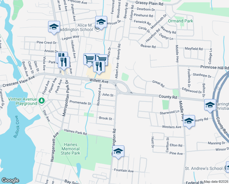 map of restaurants, bars, coffee shops, grocery stores, and more near 1 Washington Road in Barrington
