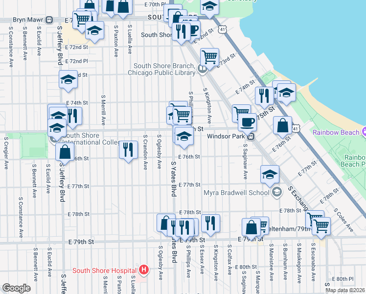 map of restaurants, bars, coffee shops, grocery stores, and more near 7512 South Phillips Avenue in Chicago