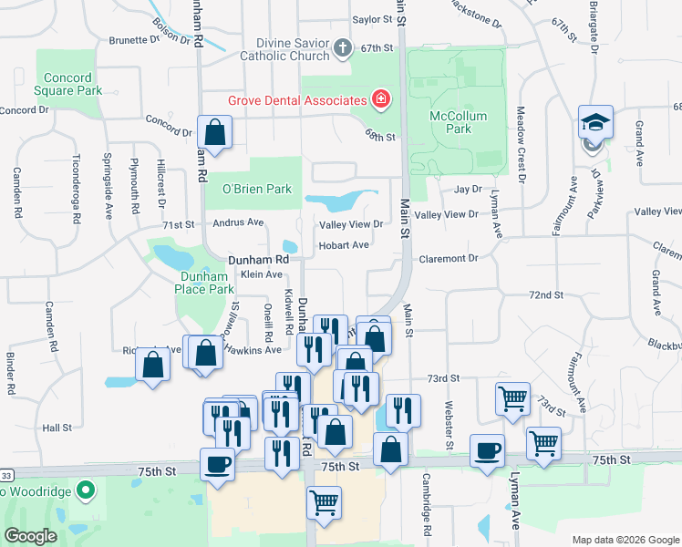 map of restaurants, bars, coffee shops, grocery stores, and more near 1141 Hobart Avenue in Downers Grove