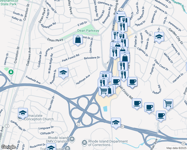 map of restaurants, bars, coffee shops, grocery stores, and more near 161 Hoffman Avenue in Cranston