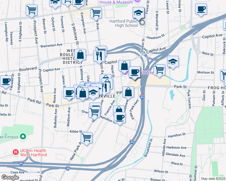 map of restaurants, bars, coffee shops, grocery stores, and more near 25 Hazel Street in Hartford