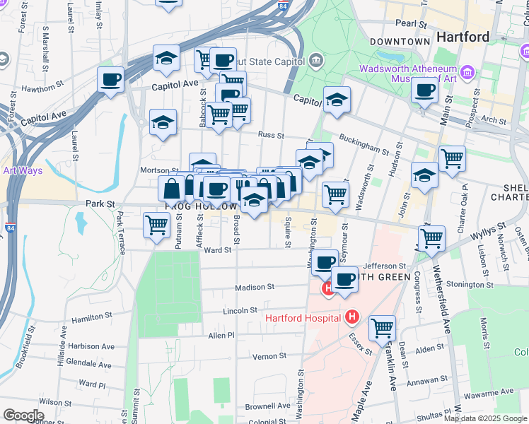 map of restaurants, bars, coffee shops, grocery stores, and more near 523 Park Street in Hartford