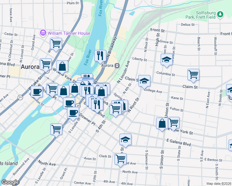 map of restaurants, bars, coffee shops, grocery stores, and more near 312 Spring Street in Aurora