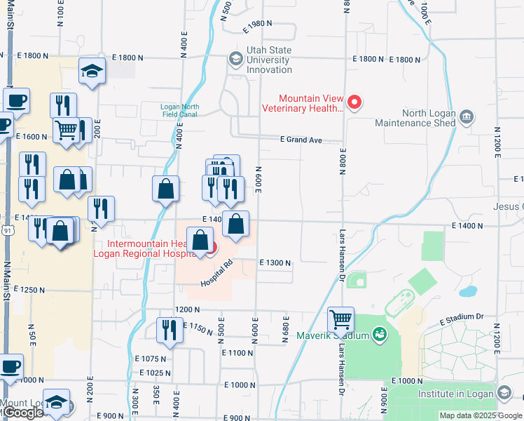 map of restaurants, bars, coffee shops, grocery stores, and more near 1400 600 East in Logan