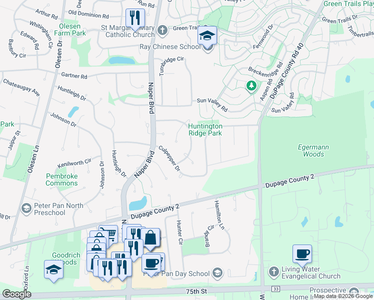 map of restaurants, bars, coffee shops, grocery stores, and more near 1077 Collingwood Drive in Naperville