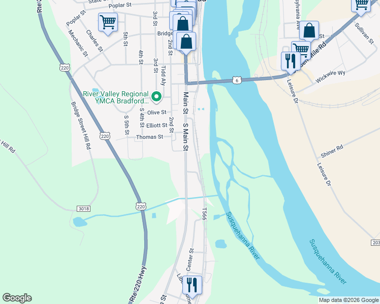 map of restaurants, bars, coffee shops, grocery stores, and more near 901-909 Main St in Towanda