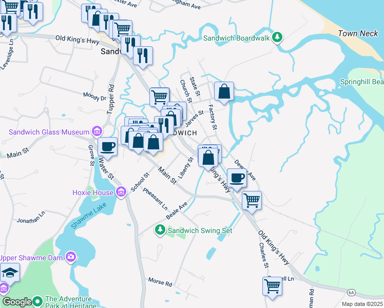 map of restaurants, bars, coffee shops, grocery stores, and more near 17 Liberty Street in Sandwich