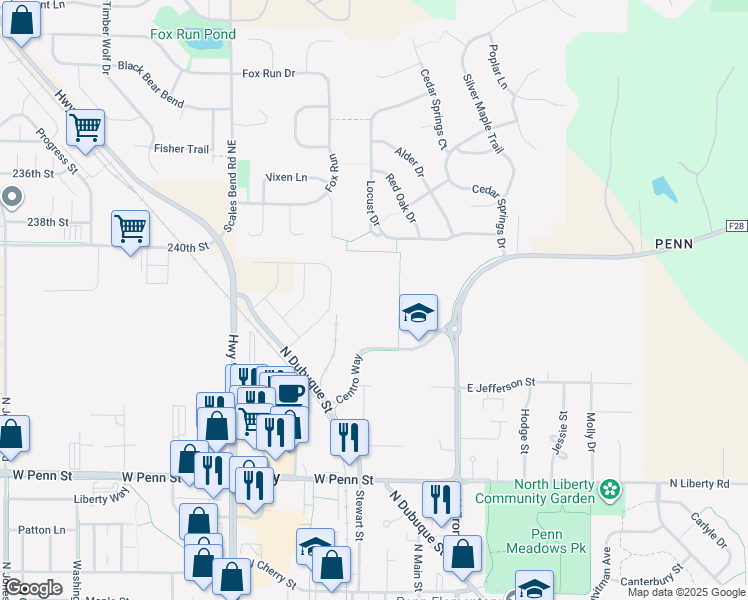 map of restaurants, bars, coffee shops, grocery stores, and more near 950 North Bend Drive in North Liberty