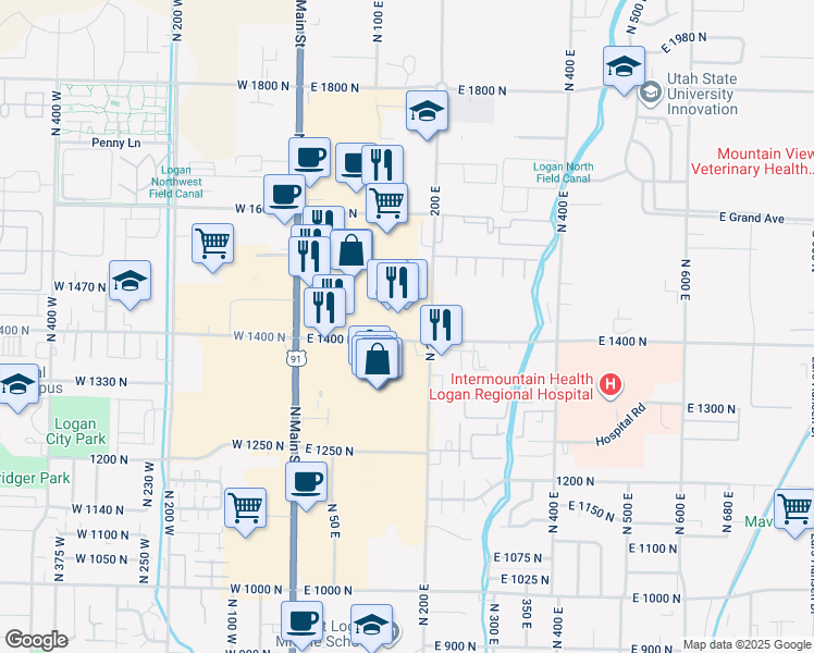 map of restaurants, bars, coffee shops, grocery stores, and more near 1451 North 200 East in Logan