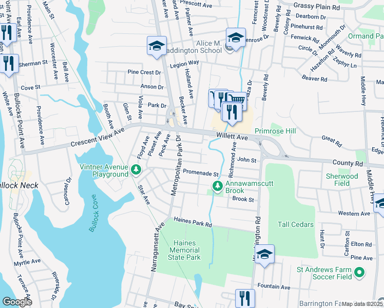 map of restaurants, bars, coffee shops, grocery stores, and more near 49 Franklin Street in East Providence