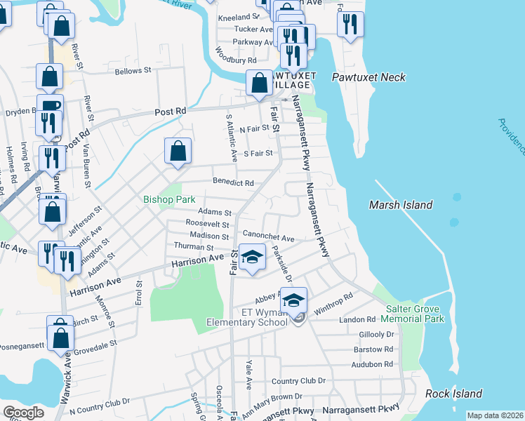 map of restaurants, bars, coffee shops, grocery stores, and more near 178 Fair Street in Warwick