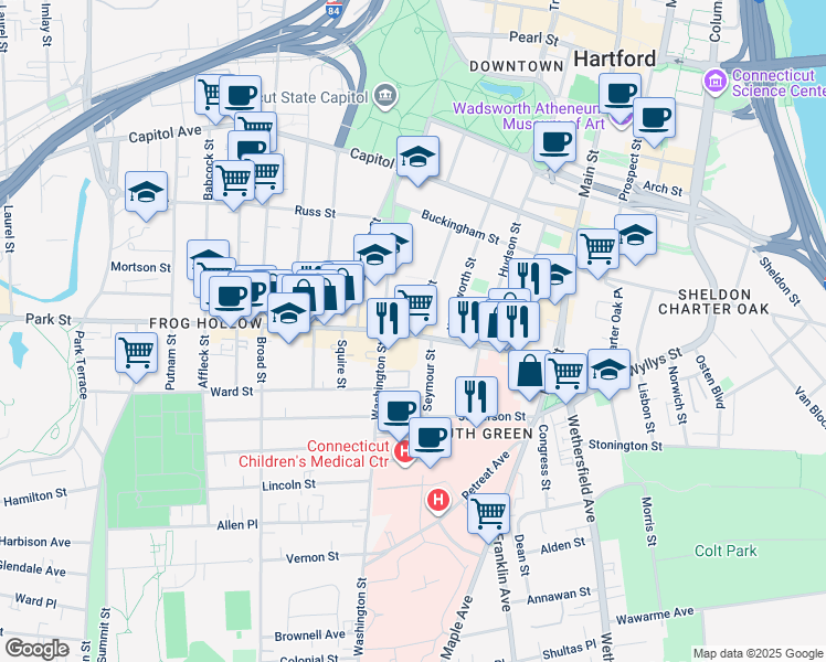 map of restaurants, bars, coffee shops, grocery stores, and more near 29 Cedar Street in Hartford