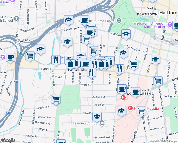 map of restaurants, bars, coffee shops, grocery stores, and more near 648 Park Street in Hartford