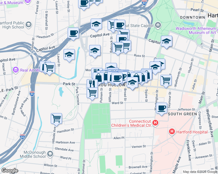map of restaurants, bars, coffee shops, grocery stores, and more near in Hartford