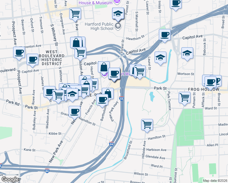 map of restaurants, bars, coffee shops, grocery stores, and more near in Hartford