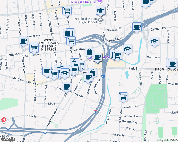 map of restaurants, bars, coffee shops, grocery stores, and more near 22 Orange Street in Hartford