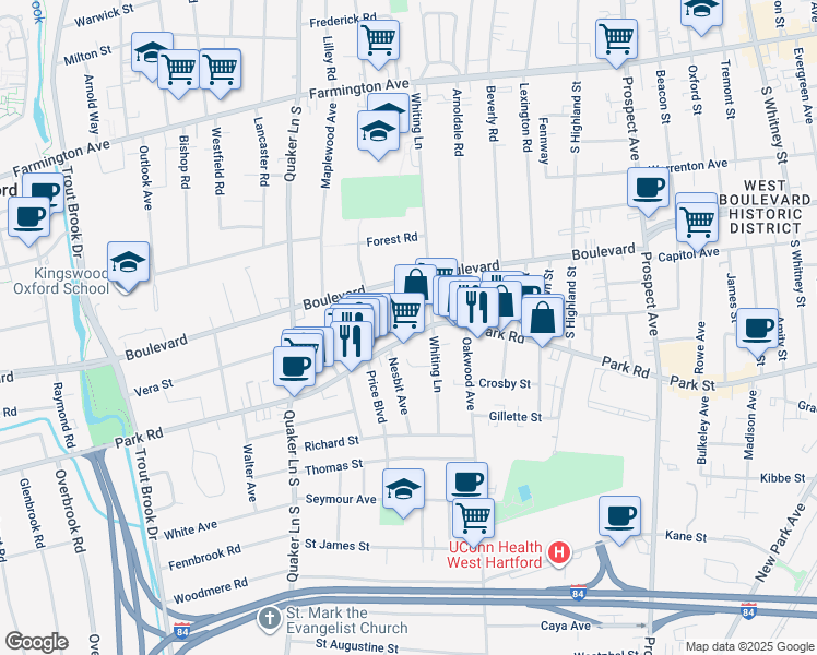 map of restaurants, bars, coffee shops, grocery stores, and more near 187 Whiting Lane in West Hartford
