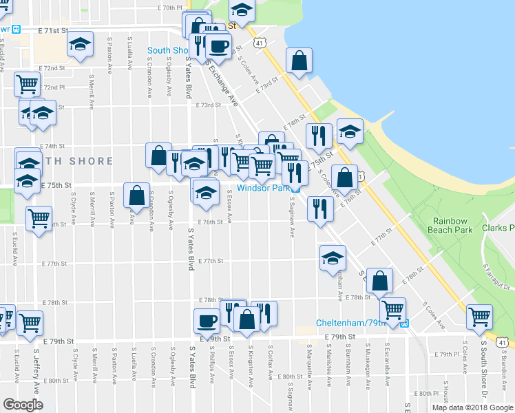 map of restaurants, bars, coffee shops, grocery stores, and more near 7515 South Kingston Avenue in Chicago