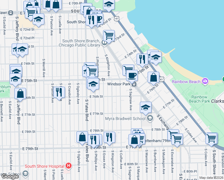 map of restaurants, bars, coffee shops, grocery stores, and more near 7515 South Kingston Avenue in Chicago