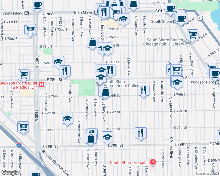 map of restaurants, bars, coffee shops, grocery stores, and more near 2041 East 75th Street in Chicago