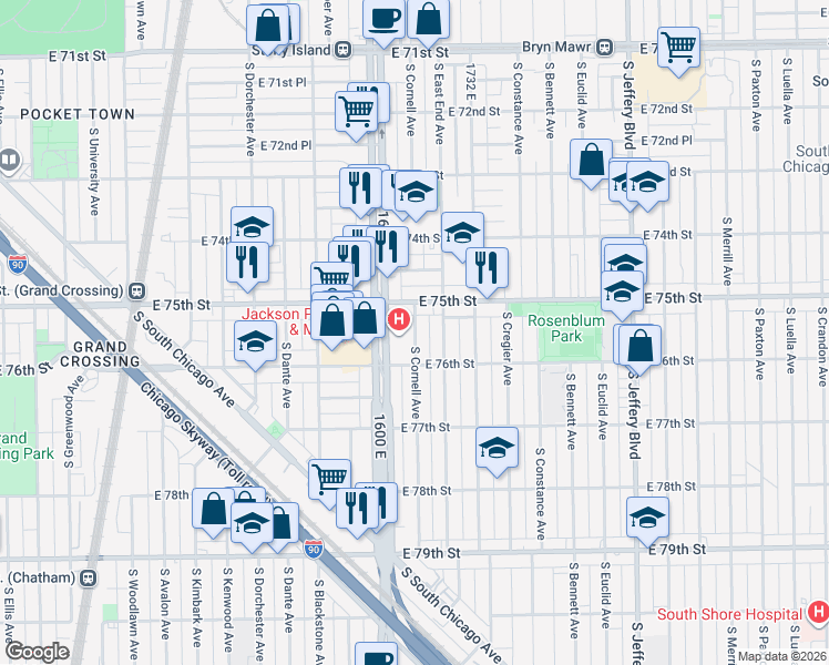 map of restaurants, bars, coffee shops, grocery stores, and more near 1625 East 75th Street in Chicago