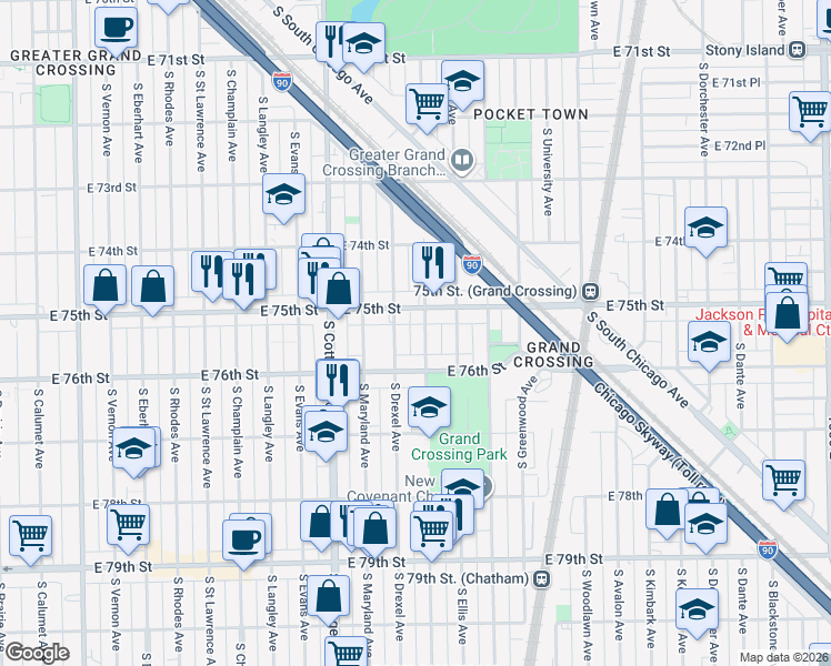 map of restaurants, bars, coffee shops, grocery stores, and more near 931 East 75th Street in Chicago